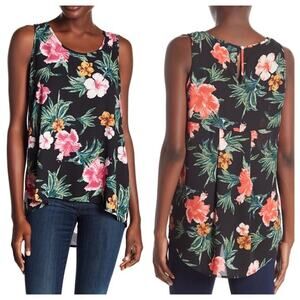 Everleigh Black  Topical Floral Pleated Back Hi Lo Tank Top XS Women’s